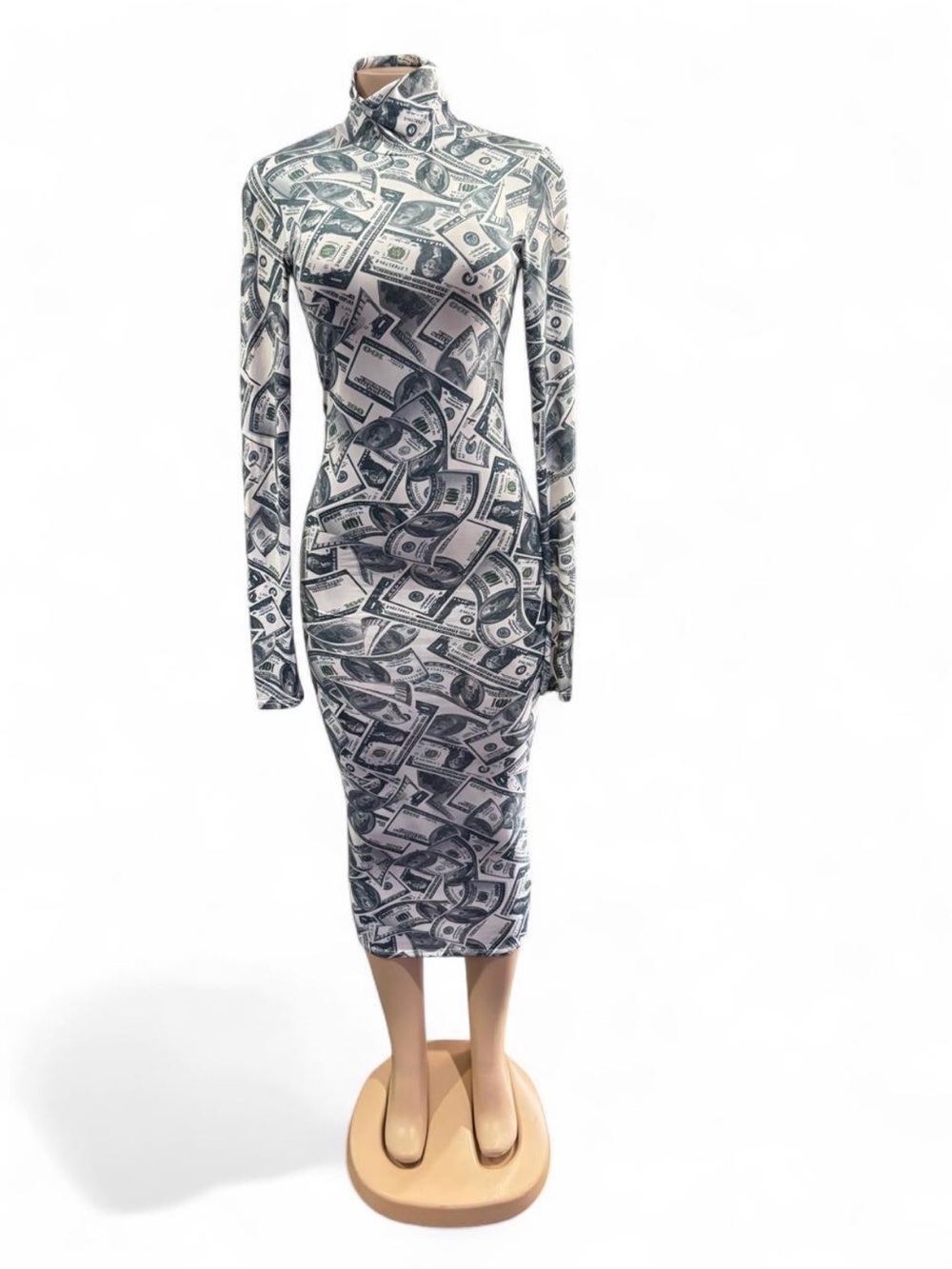 Money Print Turtleneck Midi Dress - Green/White